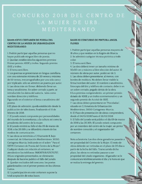 El Centro de la Mujer de la Urbanizacion Mediterraneo convoca su certamen de poesia y el concurso de pintura