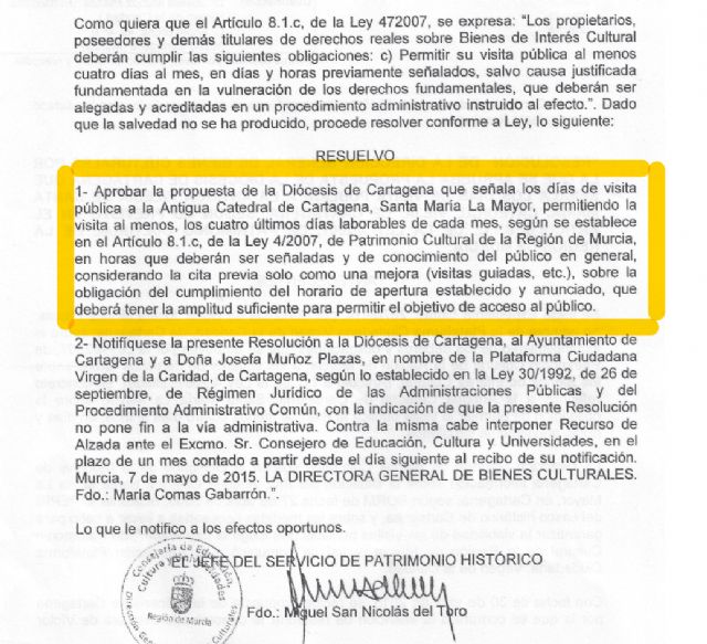 Plataforma Ciudadana Virgen de la Caridad: 'La Catedral de Cartagena abrirá los sábados tras cinco años de incumplimientos'