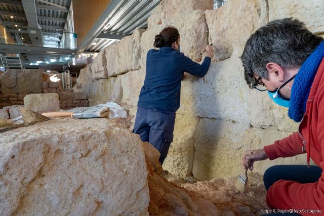 El muro de la Muralla Púnica recibe un tratamiento de aguacal para protegerlo de la humedad