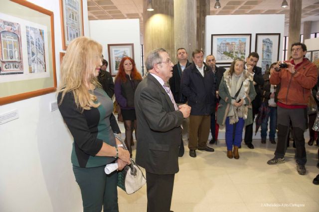 El pintor Juan Martínez plasma en plumilla detalles de los edificios modernistas de Cartagena en el siglo XX