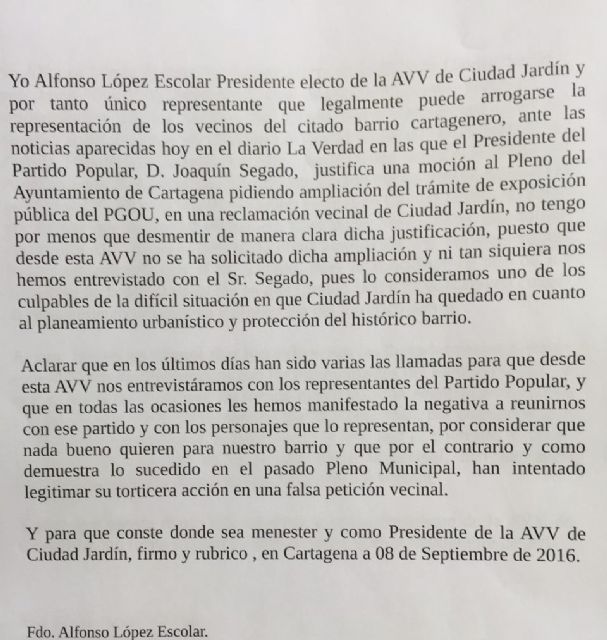 El presidente de la Asociación de Vecinos de Ciudad Jardín desmiente al 'líder'del PP local, Joaquín Segado