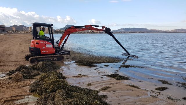Primera jornada de trabajo de la máquina rastrillo que retira la biomasa en Playa Paraíso y Playa de los Alemanes de La Manga
