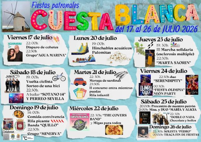 Cuesta Blanca celebra sus fiestas patronales del 17 al 26 de julio con música, deporte y tradición