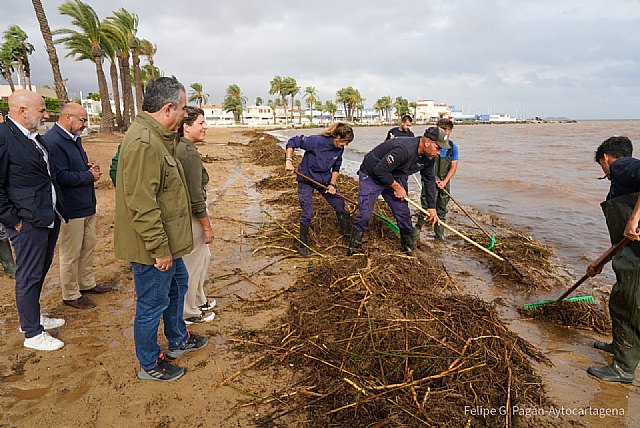 La retirada de arrastres y la limpieza de barro en zonas afectadas por el temporal centran los trabajos en el litoral sur del Mar Menor