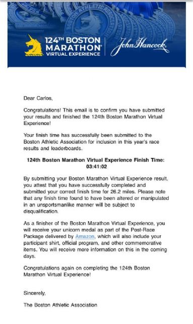 Carlos Ortiz García-Vaso del Club Cuatro Santos Cartagena finaliza la maratón de Boston