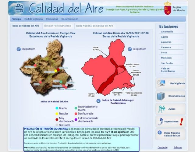 Se mantienen los valores desfavorables por partículas en suspensión en las estaciones medidoras de La Aljorra, Valle de Escombreras y puente de Mompeán