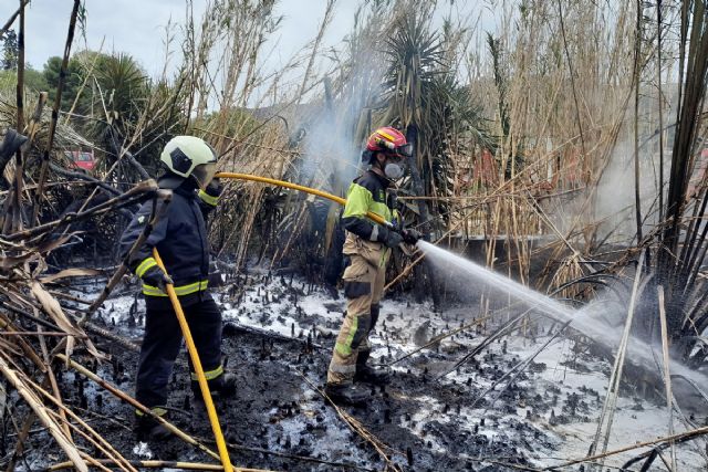 Bomberos de Cartagena extinguen un incendio de cañas en los aledaños de la rambla