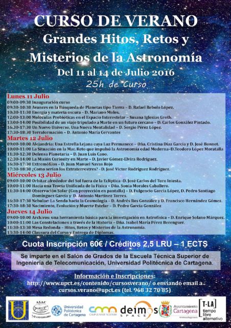 Un curso de verano de la UPCT viajará por los hitos, retos y misterios de la Astronomía