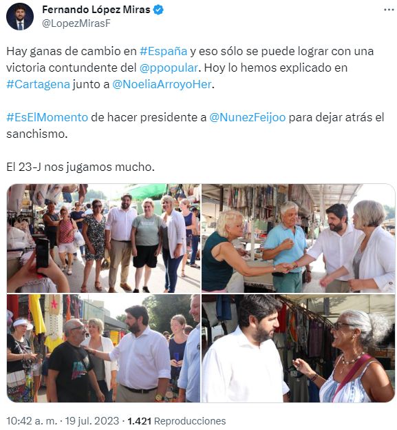 El PSOE denuncia el uso por parte de Arroyo de su coche oficial para hacer campaña junto a López Miras en el mercadillo del Cenit