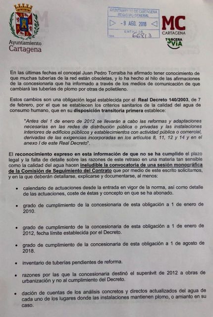 El control de MC Cartagena destapa la existencia de kilómetros de acometidas de plomo y amianto en el municipio