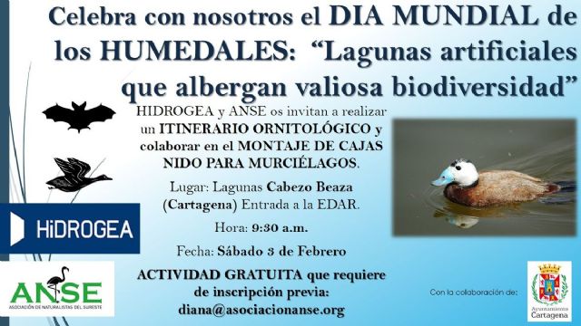 El Ayuntamiento se une a la celebracion del Dia Mundial de los Humedales con un itinerario ornitologico y el montaje de nidos para murcielagos en la depuradora de Cabezo Beaza